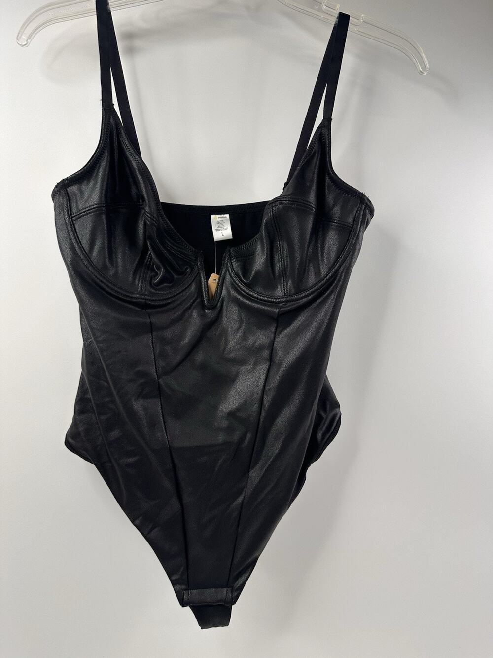 Popilush Women's Faux Leather Sculpting Corset Bodysuit DH3 Black Large
